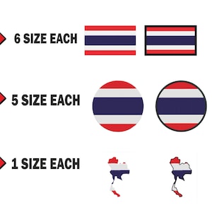 Peut inclure: L'image présente diverses représentations du drapeau de la Thaïlande. Il y a des modèles rectangulaires, circulaires et en forme de carte. Le texte indique la quantité de chaque taille disponible : 6, 5 et 1. Le drapeau est composé de rayures horizontales rouges, blanches et bleues.