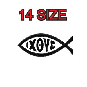 May include: Black and white embroidered patch of a fish with the word "IXOYE" inside. The patch is labeled "14 SIZE".