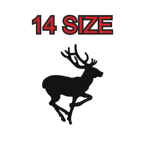 Peut inclure: Silhouette noire d'un cerf avec des bois courant vers la droite. Le texte "14 SIZE" est au-dessus du cerf en lettres rouges avec un contour noir.