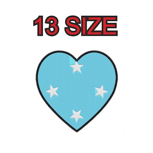 May include: A light blue heart-shaped patch with a black border and four white five-pointed stars arranged in a cross pattern. The text 13 SIZE is displayed in black with a red outline above the heart shape on a plain white background.