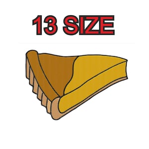 Peut inclure: Une part de tarte brune et jaune avec une étiquette de taille 13. La part de tarte est une illustration de dessin animé.