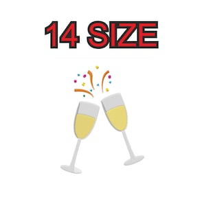 Peut inclure: Deux flûtes à champagne se touchant avec des confettis dans l'air. Le texte "14 SIZE" est au-dessus des verres.