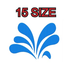 Puede incluir: Un diseño de salpicadura de agua azul con el texto "15 SIZE" en rojo y negro. La salpicadura se compone de varios elementos curvos en forma de gota, creando un efecto visual dinámico sobre un fondo blanco.