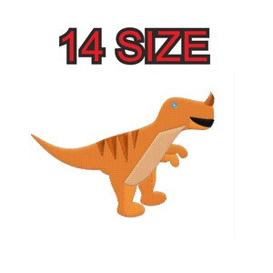 Peut inclure: Broderie de dinosaure orange avec le texte "14 SIZE" au-dessus.
