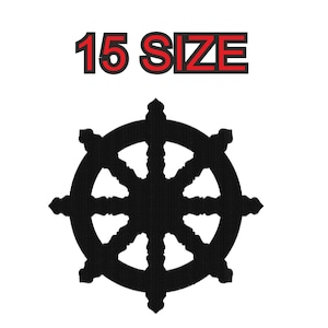 Peut inclure: Symbole noir de Dharmachakra, également connu sous le nom de Roue de la Loi, avec 8 rayons. Le symbole est un motif courant dans le bouddhisme et l'hindouisme.