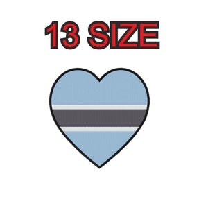 May include: A blue heart-shaped patch with a black and white horizontal stripe in the center. The text "13 SIZE" is above the heart.