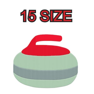 Peut inclure: Une pierre de curling verte et grise avec une poignée rouge. Le texte "15 SIZE" est au-dessus de la pierre.
