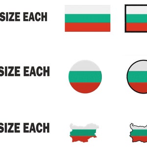 Puede incluir: Seis pegatinas con la bandera búlgara en diferentes formas y tamaños, incluyendo un rectángulo, un círculo y un contorno del país. El texto "6 SIZE EACH" está escrito encima de las pegatinas.