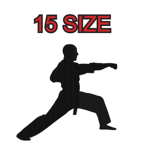 以下が含まれることがあります： 空手形のポーズをとった人の黒いシルエットで、その上に「15 SIZE」という文字があります。