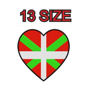 Peut inclure: Un cœur rouge avec une croix blanche et des rayures vertes, représentant le drapeau du Pays basque. Le texte "13 SIZE" est au-dessus du cœur.