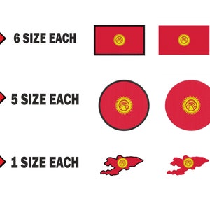 Peut inclure: Six tailles différentes du drapeau du Kirghizistan, cinq tailles différentes d'une version circulaire du drapeau et une taille du drapeau en forme de pays. Le drapeau est rouge avec un soleil jaune au centre.