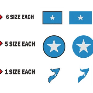 Peut inclure: Un ensemble de six autocollants du drapeau somalien de différentes tailles, cinq autocollants circulaires du drapeau somalien de différentes tailles et deux autocollants de contour du drapeau somalien de différentes tailles.