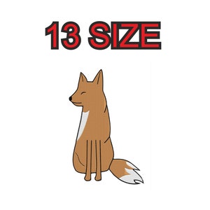 Puede incluir: Una ilustración de dibujos animados de un zorro marrón sentado con la cola enroscada detrás de él. El zorro tiene una mancha blanca en el pecho y una punta blanca en la cola. El texto "13 SIZE" está por encima del zorro.
