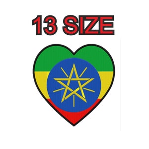 May include: A heart-shaped design featuring the Ethiopian flag. The flag is green, yellow, and red with a gold star in the center. The text "13 SIZE" is above the heart.
