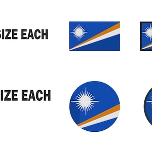 Peut inclure: L'image présente des écussons avec le drapeau des Îles Marshall. Les écussons sont de forme rectangulaire et circulaire, avec un fond bleu, une bande diagonale blanche et orange, et une étoile blanche. Le texte indique 6 tailles d'écussons rectangulaires et 5 tailles circulaires.