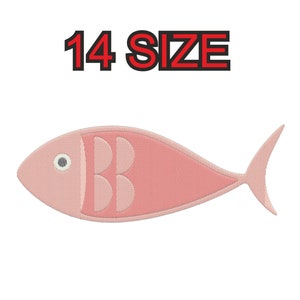 May include: A pink fish with a white eye and three gray fins. The text "14 SIZE" is above the fish.