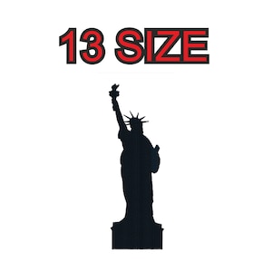 Peut inclure: Silhouette noire de la Statue de la Liberté avec le texte "13 SIZE" au-dessus.