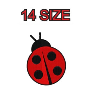 Op de afbeelding: Rode lieveheersbeestje met zwarte stippen en een zwart hoofd, met de tekst "14 SIZE" erboven.