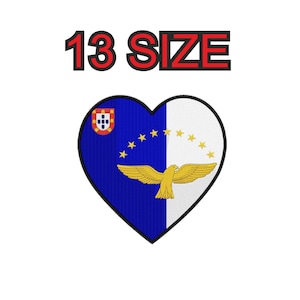 May include: A blue and white heart-shaped patch with the flag of the Azores, a Portuguese autonomous region. The flag features a blue field with nine gold stars arranged in a crescent shape, a gold eagle, and the Portuguese coat of arms in the upper left corner. The text "13 SIZE" is above the patch.