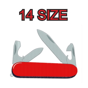 Peut inclure: Un couteau de poche rouge avec une lame argentée et plusieurs outils. Le couteau est ouvert et la lame est déployée. Le texte "14 SIZE" est au-dessus du couteau.