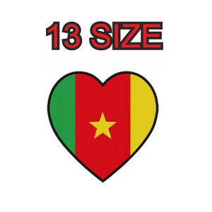 May include: A heart-shaped graphic featuring the flag of Cameroon, with green, red, and yellow vertical stripes and a yellow star. The text "13 SIZE" is above the heart in red and black.
