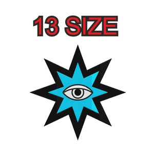 Könnte beinhalten: Ein blauer Stern mit einem weißen Auge in der Mitte. Der Text "13 SIZE" befindet sich über dem Stern.
