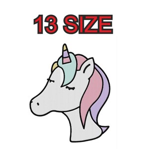 May include: A cartoon illustration of a unicorn with a pink, purple, and blue mane and horn. The unicorn has its eyes closed and is looking to the left. The text "13 SIZE" is above the unicorn.