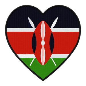 May include: A heart-shaped patch featuring the Kenyan flag. The flag is a black, red, and green horizontal tricolour with a white stripe between the red and green stripes. A white shield with two spears is centred on the red stripe.