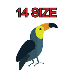 Peut inclure: Un toucan bleu et jaune avec un bec orange. Le toucan est debout sur un fond blanc. Le texte "14 SIZE" est au-dessus du toucan.