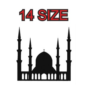 Peut inclure: Silhouette noire d'une mosquée avec plusieurs minarets et un dôme. Le texte "14 SIZE" est au-dessus de la mosquée.