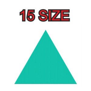 Könnte beinhalten: Ein türkisfarbenes Dreieck mit dem Text "15 SIZE" in roten und schwarzen Buchstaben darüber.