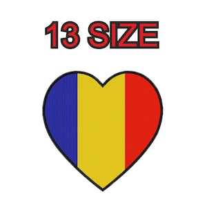 Peut inclure: Un écusson en forme de cœur aux couleurs du drapeau roumain : bleu, jaune et rouge. Le texte "13 SIZE" est au-dessus du cœur en lettres rouges et noires. L'écusson a une bordure noire.