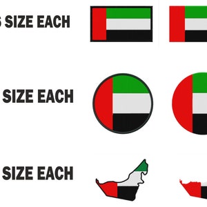 Könnte beinhalten: Sechs gestickte Aufnäher der Flagge der Vereinigten Arabischen Emirate in verschiedenen Größen, fünf gestickte runde Aufnäher der Flagge und zwei gestickte Umrisskarten des Landes. Der Text "6 SIZE EACH", "5 SIZE EACH" und "1 SIZE EACH" wird neben Pfeilen angezeigt, die auf die Aufnäher zeigen.