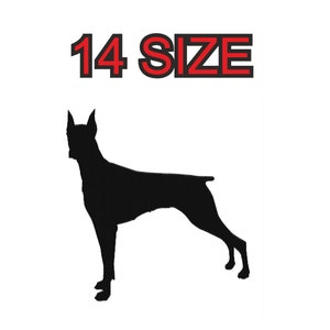May include: Black silhouette of a Doberman Pinscher dog. The text "14 SIZE" is above the dog.