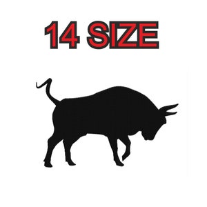 Peut inclure: Silhouette noire d'un taureau, face à gauche, avec le texte "14 SIZE" au-dessus.