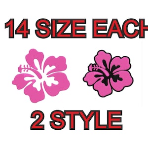 May include: Two styles of pink hibiscus flower embroidery designs.  Each design is available in 14 sizes.  The text "14 SIZE EACH" and "2 STYLE" is displayed in red.