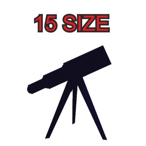 Może przedstawiać: Czarna sylwetka teleskopu na statywie. Tekst "15 SIZE" znajduje się nad teleskopem.