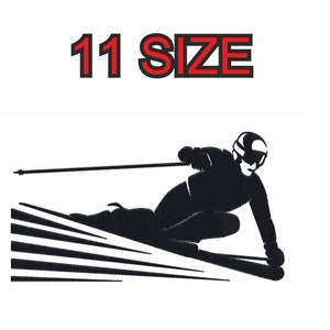May include: Black silhouette of a skier in a helmet, skiing down a slope. The skier is holding ski poles and is in mid-air. The image is set against a white background. 11 SIZE