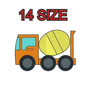 May include: A cartoon illustration of a yellow cement mixer truck with an orange cab and black wheels. The text "14 SIZE" is above the truck.