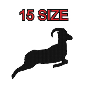 Peut inclure: Silhouette noire d'un mouflon avec des cornes recourbées en train de sauter. L'image comprend le texte "15 SIZE".