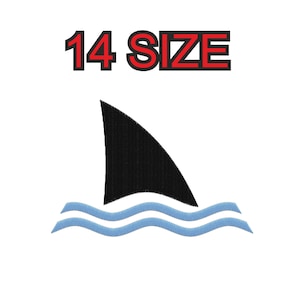 Peut inclure: Silhouette noire de nageoire de requin avec des vagues bleues, motif de broderie taille 14.