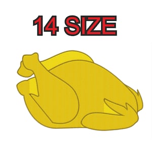 Può includere: Un'immagine di cartone animato gialla di un pollo arrosto. Il testo "14 SIZE" è sopra il pollo.