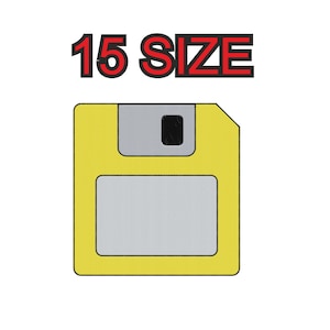 Puede incluir: Un disquete amarillo con un cuadrado negro en la esquina superior derecha. El texto "15 SIZE" está por encima del disquete.