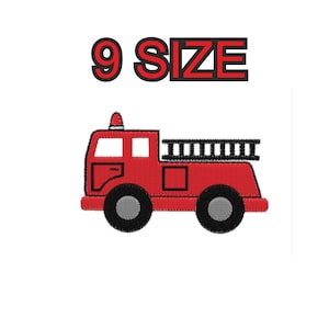 May include: A red embroidered fire truck with black wheels and a ladder on top. The text "9 SIZE" is above the fire truck in red letters with a black outline. The image is on a white background.