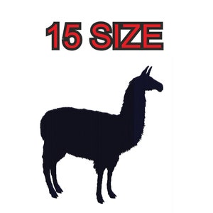 Peut inclure: Silhouette noire d'un lama debout sur un fond blanc. Le texte "15 SIZE" est au-dessus du lama.
