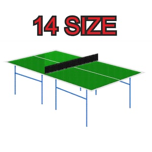 Könnte beinhalten: Illustration eines grünen und weißen Tischtennistisches mit schwarzem Netz und blauen Beinen. Der Text "14 SIZE" in Rot und Schwarz befindet sich über dem Tisch.