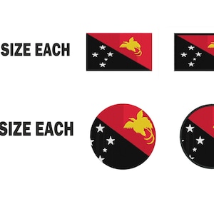 May include: Six different sizes of the Papua New Guinea flag, shown as a rectangle and a circle. Five different sizes of the Papua New Guinea flag, shown as a rectangle and a circle.