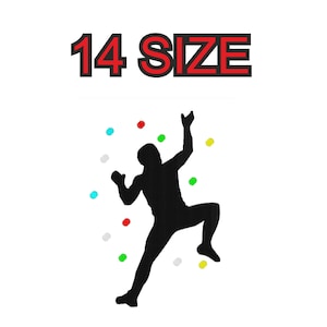 Puede incluir: Silueta de una persona escalando una pared con agarres de colores. El texto "14 SIZE" está en la parte superior de la imagen.