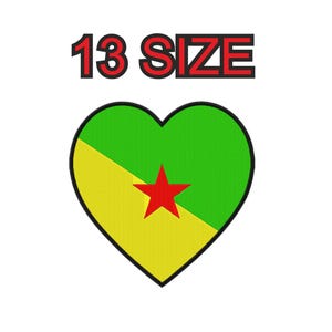 May include: A heart-shaped patch with the flag of Guinea-Bissau. The flag is green, yellow, and red with a red star in the center. The text "13 SIZE" is above the heart.