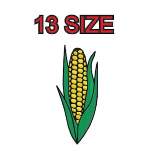 Pode incluir: Uma espiga de milho amarela com folhas verdes. O texto "13 SIZE" está acima da espiga de milho.